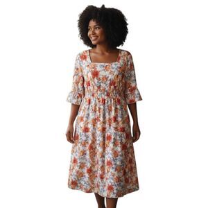 AMAZON CREAM, ORANGE, BLUE FLORAL DRESS SZ.3XL EUC.